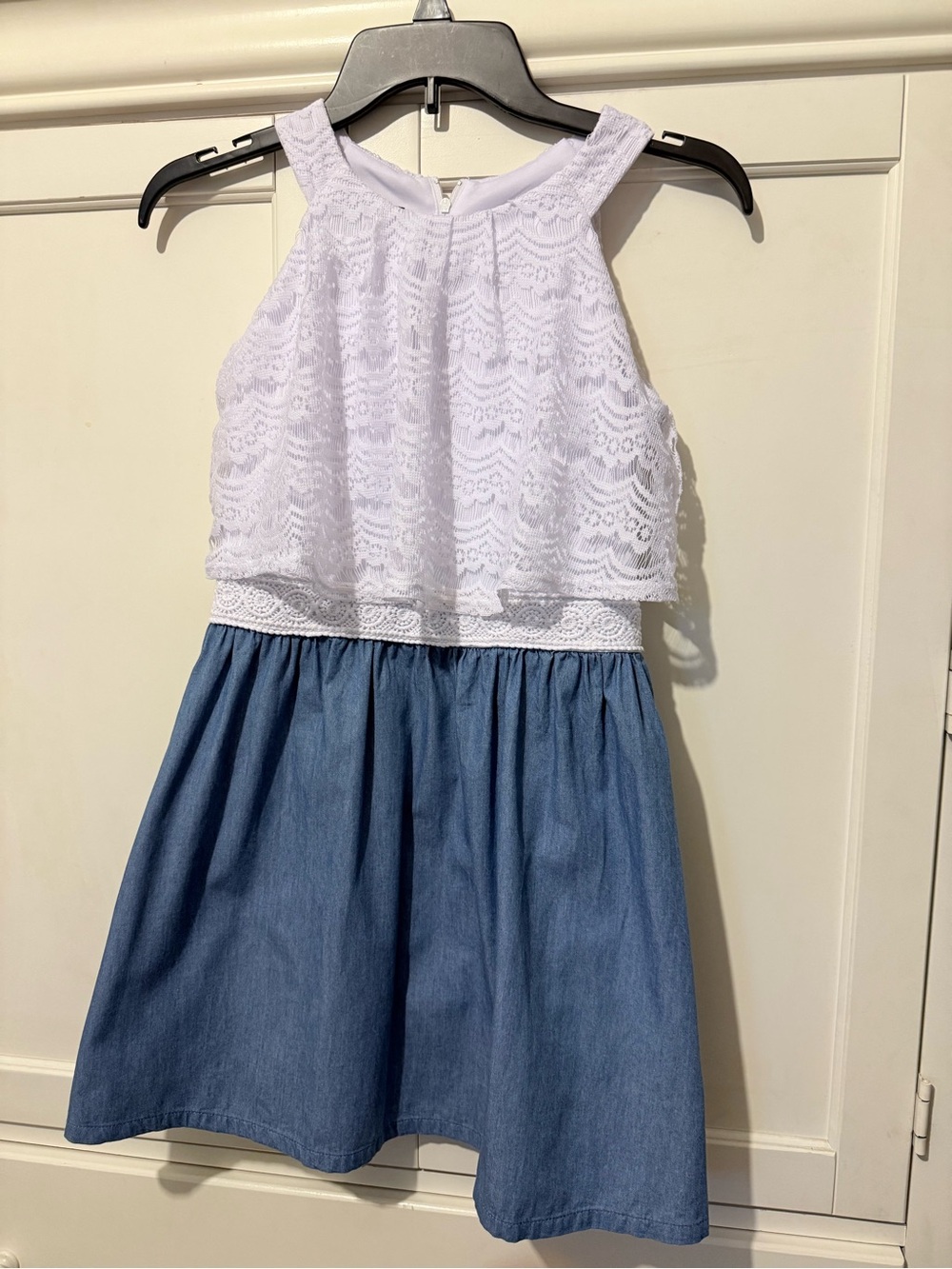 Girls White Lace Top Blue Denim Skater Dress